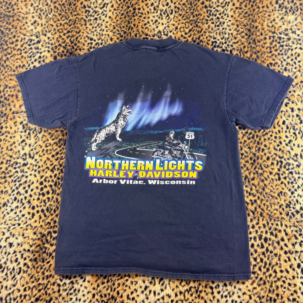 Vintage 90s Harley-Davidson Northern Lights Wolf T-Shirt Black Arbor Vitae WI